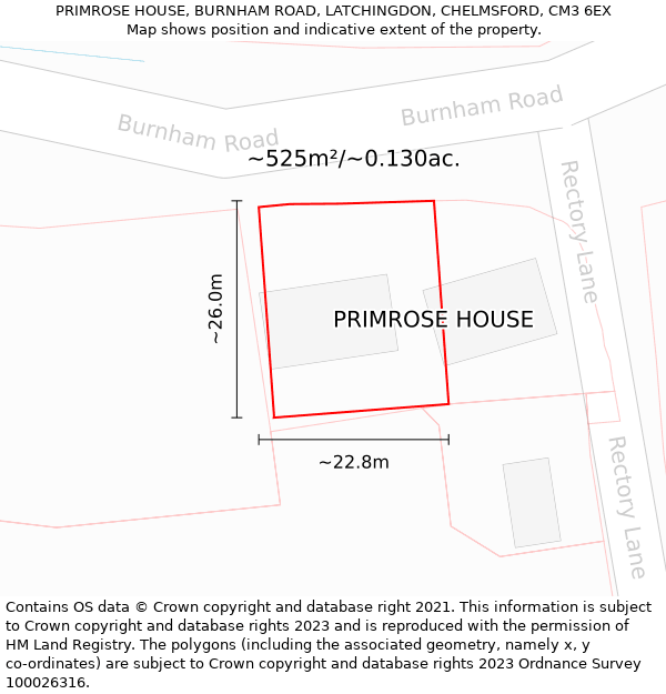 PRIMROSE HOUSE, BURNHAM ROAD, LATCHINGDON, CHELMSFORD, CM3 6EX: Plot and title map