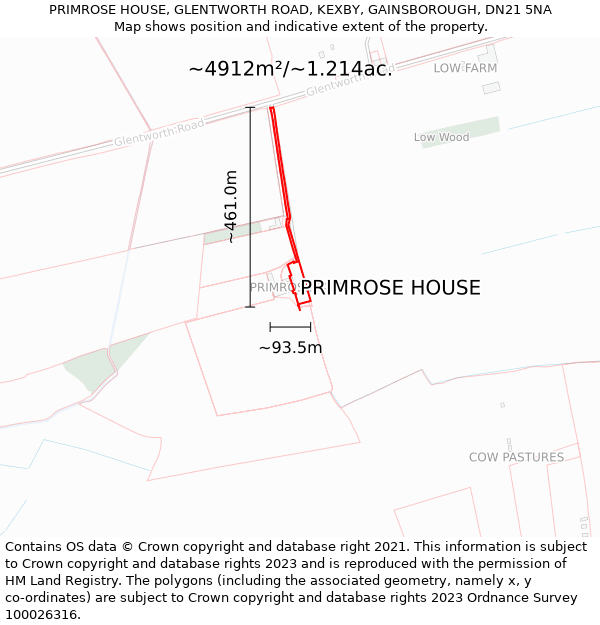 PRIMROSE HOUSE, GLENTWORTH ROAD, KEXBY, GAINSBOROUGH, DN21 5NA: Plot and title map
