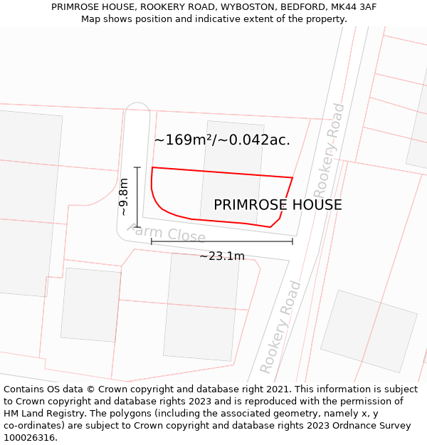 PRIMROSE HOUSE, ROOKERY ROAD, WYBOSTON, BEDFORD, MK44 3AF: Plot and title map