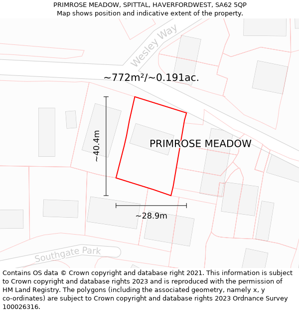 PRIMROSE MEADOW, SPITTAL, HAVERFORDWEST, SA62 5QP: Plot and title map