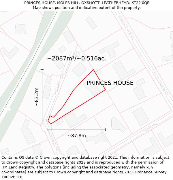 PRINCES HOUSE, MOLES HILL, OXSHOTT, LEATHERHEAD, KT22 0QB: Plot and title map
