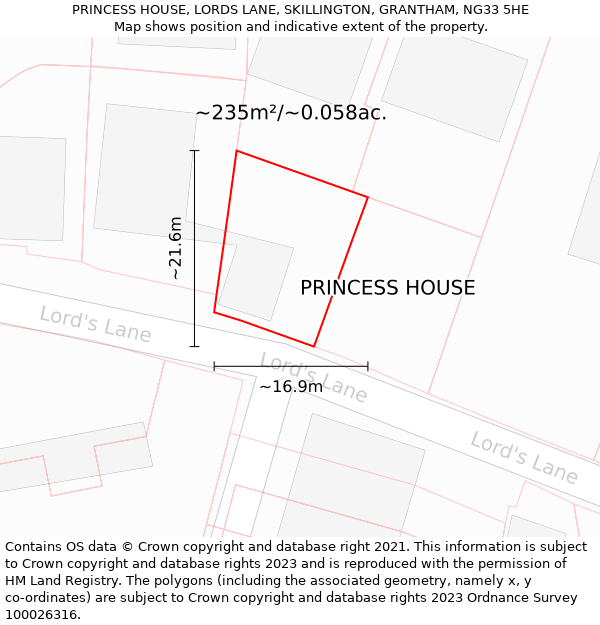PRINCESS HOUSE, LORDS LANE, SKILLINGTON, GRANTHAM, NG33 5HE: Plot and title map