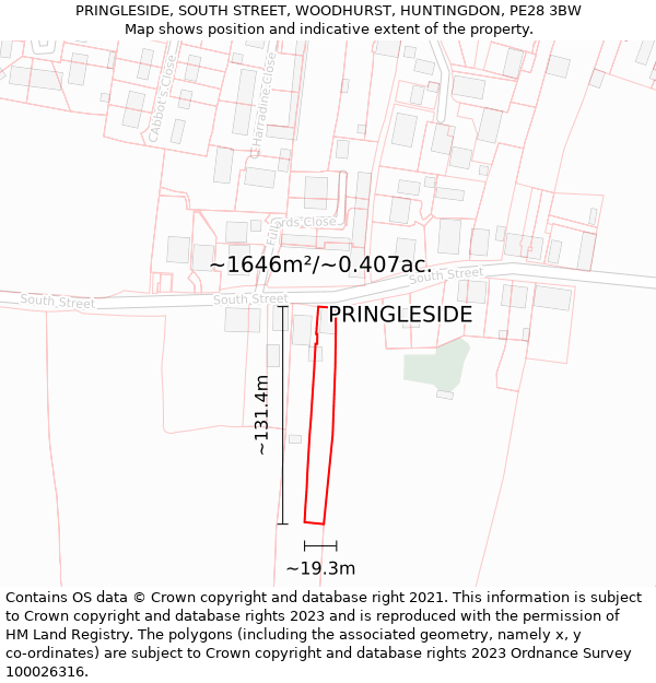 PRINGLESIDE, SOUTH STREET, WOODHURST, HUNTINGDON, PE28 3BW: Plot and title map