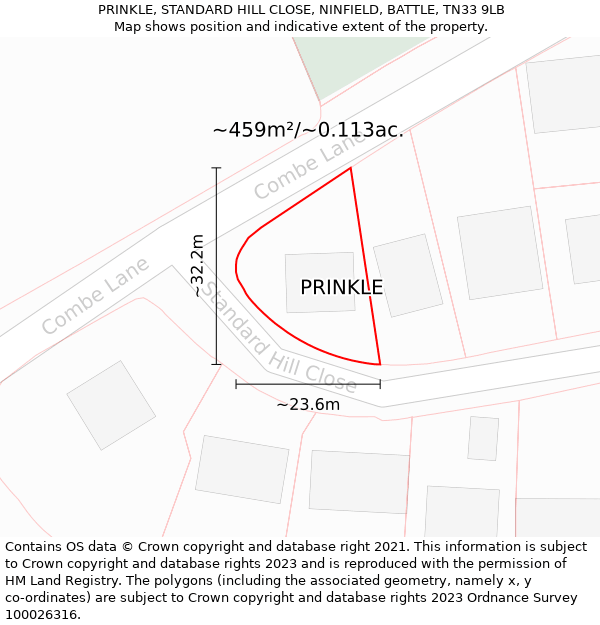 PRINKLE, STANDARD HILL CLOSE, NINFIELD, BATTLE, TN33 9LB: Plot and title map