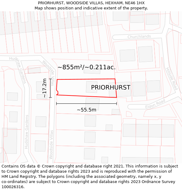 PRIORHURST, WOODSIDE VILLAS, HEXHAM, NE46 1HX: Plot and title map