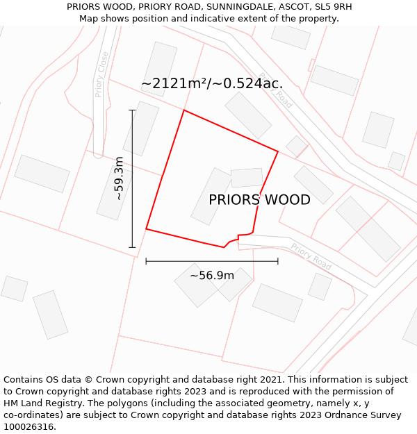 PRIORS WOOD, PRIORY ROAD, SUNNINGDALE, ASCOT, SL5 9RH: Plot and title map