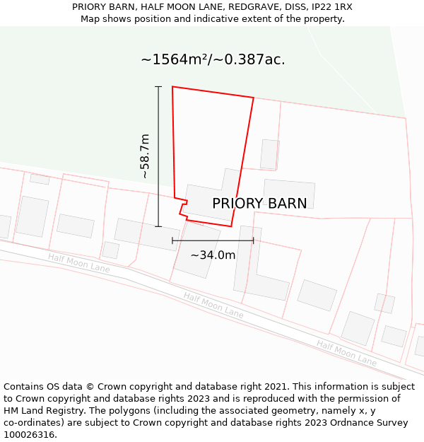 PRIORY BARN, HALF MOON LANE, REDGRAVE, DISS, IP22 1RX: Plot and title map