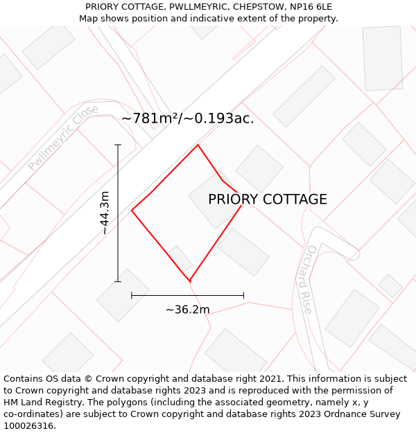 PRIORY COTTAGE, PWLLMEYRIC, CHEPSTOW, NP16 6LE: Plot and title map