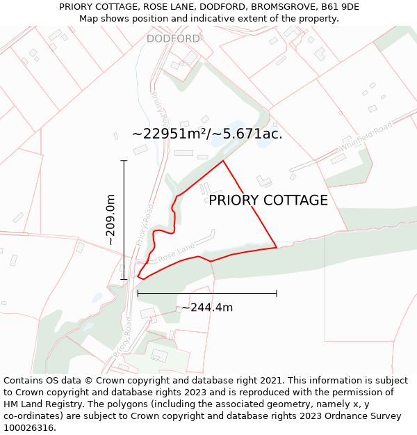 PRIORY COTTAGE, ROSE LANE, DODFORD, BROMSGROVE, B61 9DE: Plot and title map