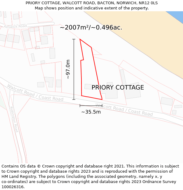 PRIORY COTTAGE, WALCOTT ROAD, BACTON, NORWICH, NR12 0LS: Plot and title map