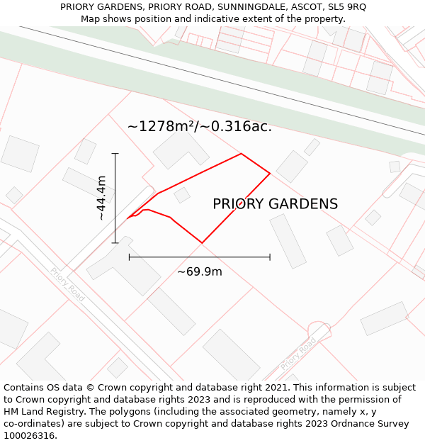 PRIORY GARDENS, PRIORY ROAD, SUNNINGDALE, ASCOT, SL5 9RQ: Plot and title map