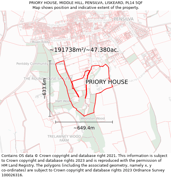 PRIORY HOUSE, MIDDLE HILL, PENSILVA, LISKEARD, PL14 5QF: Plot and title map