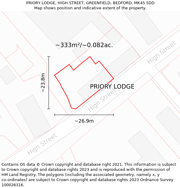 PRIORY LODGE, HIGH STREET, GREENFIELD, BEDFORD, MK45 5DD: Plot and title map