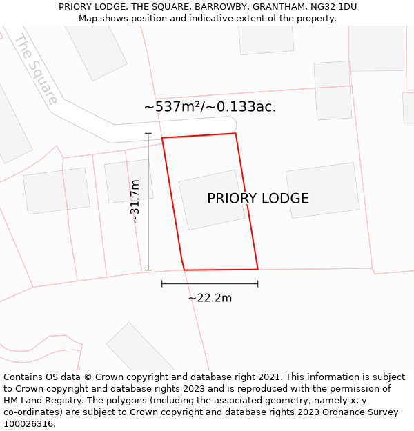 PRIORY LODGE, THE SQUARE, BARROWBY, GRANTHAM, NG32 1DU: Plot and title map