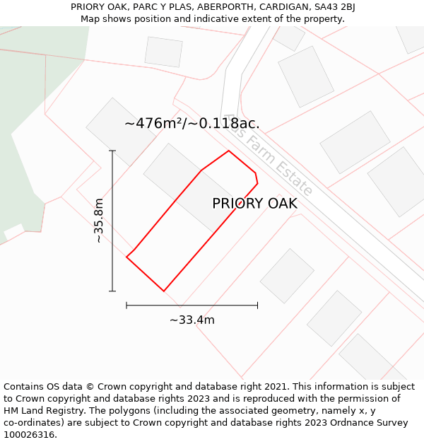 PRIORY OAK, PARC Y PLAS, ABERPORTH, CARDIGAN, SA43 2BJ: Plot and title map