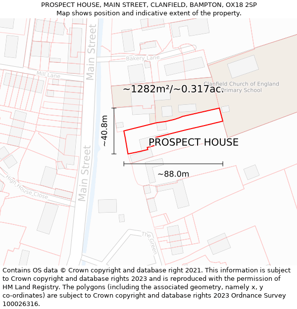 PROSPECT HOUSE, MAIN STREET, CLANFIELD, BAMPTON, OX18 2SP: Plot and title map