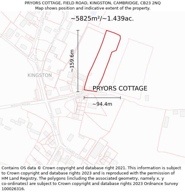 PRYORS COTTAGE, FIELD ROAD, KINGSTON, CAMBRIDGE, CB23 2NQ: Plot and title map