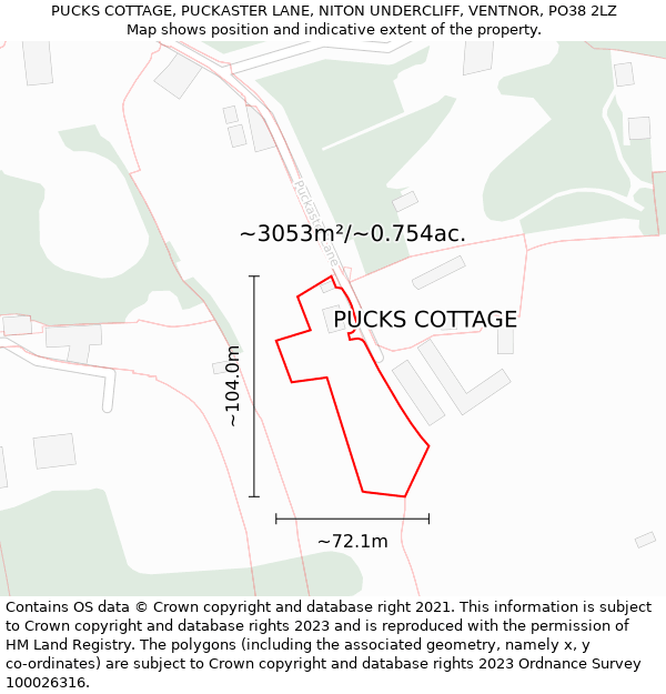 PUCKS COTTAGE, PUCKASTER LANE, NITON UNDERCLIFF, VENTNOR, PO38 2LZ: Plot and title map