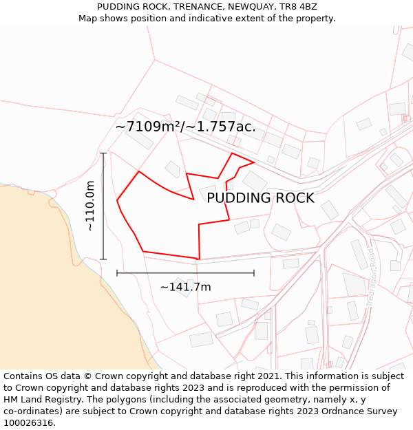 PUDDING ROCK, TRENANCE, NEWQUAY, TR8 4BZ: Plot and title map