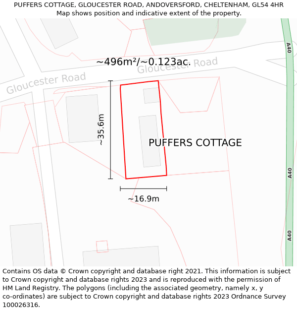 PUFFERS COTTAGE, GLOUCESTER ROAD, ANDOVERSFORD, CHELTENHAM, GL54 4HR: Plot and title map