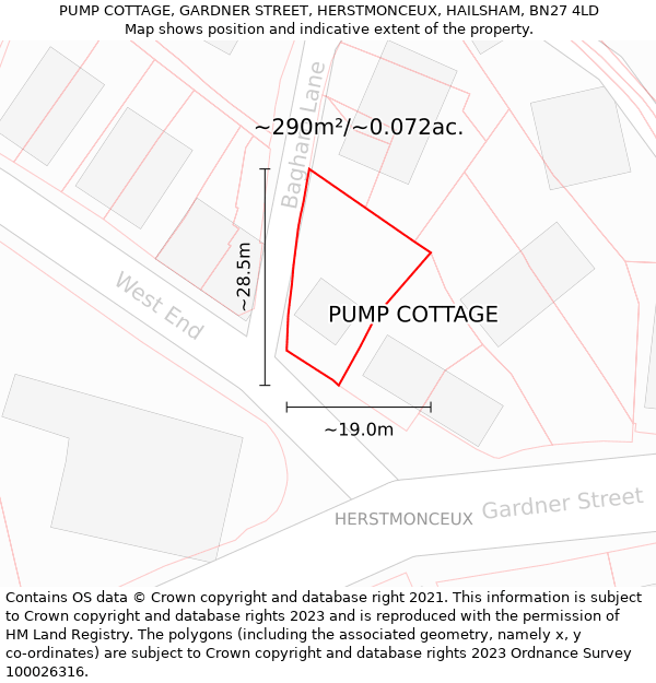 PUMP COTTAGE, GARDNER STREET, HERSTMONCEUX, HAILSHAM, BN27 4LD: Plot and title map