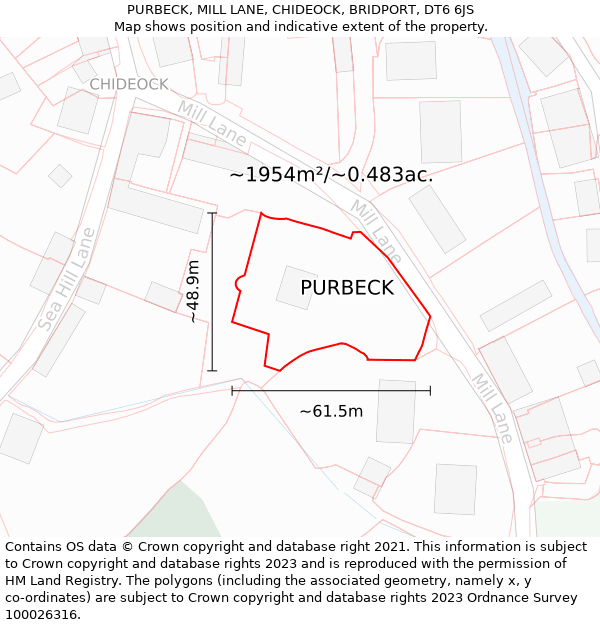 PURBECK, MILL LANE, CHIDEOCK, BRIDPORT, DT6 6JS: Plot and title map