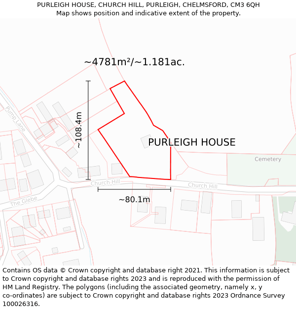 PURLEIGH HOUSE, CHURCH HILL, PURLEIGH, CHELMSFORD, CM3 6QH: Plot and title map