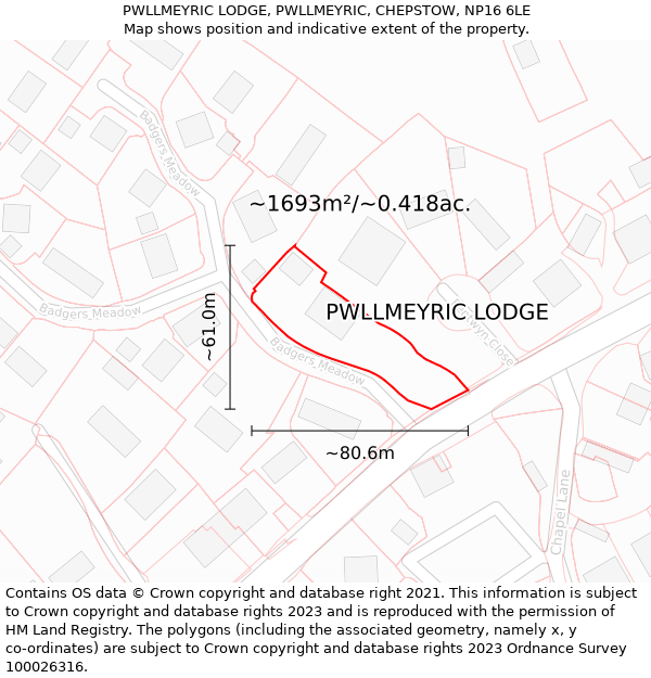 PWLLMEYRIC LODGE, PWLLMEYRIC, CHEPSTOW, NP16 6LE: Plot and title map