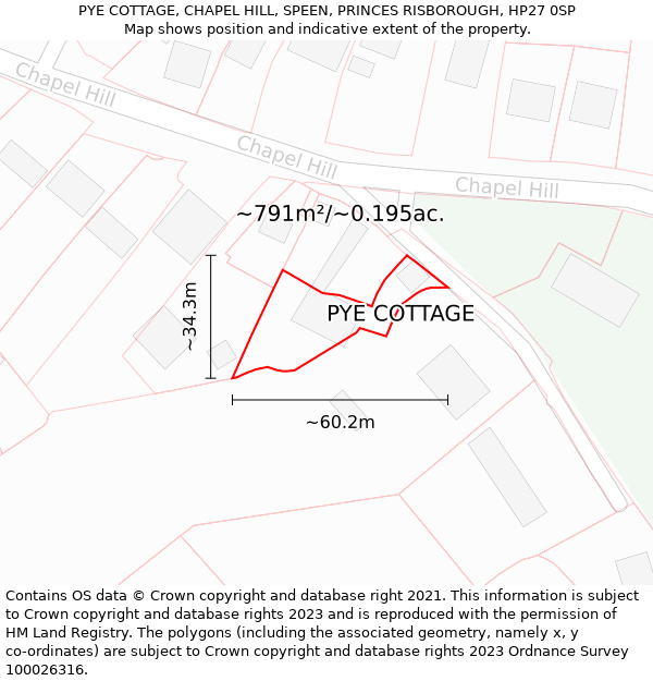 PYE COTTAGE, CHAPEL HILL, SPEEN, PRINCES RISBOROUGH, HP27 0SP: Plot and title map