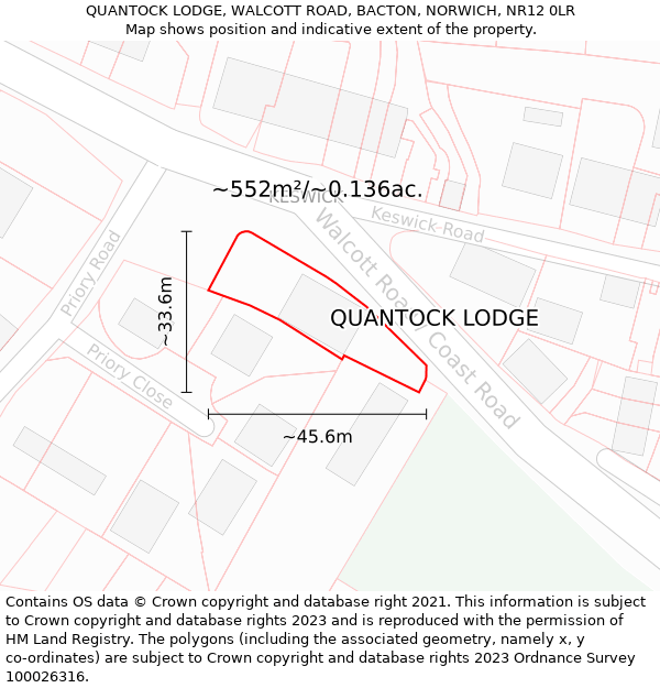 QUANTOCK LODGE, WALCOTT ROAD, BACTON, NORWICH, NR12 0LR: Plot and title map