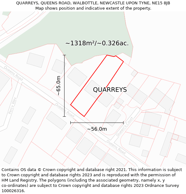 QUARREYS, QUEENS ROAD, WALBOTTLE, NEWCASTLE UPON TYNE, NE15 8JB: Plot and title map