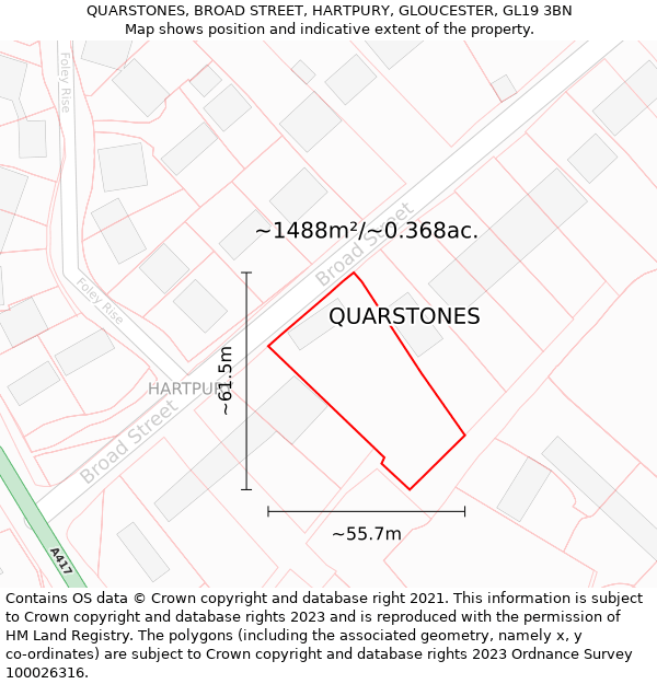 QUARSTONES, BROAD STREET, HARTPURY, GLOUCESTER, GL19 3BN: Plot and title map