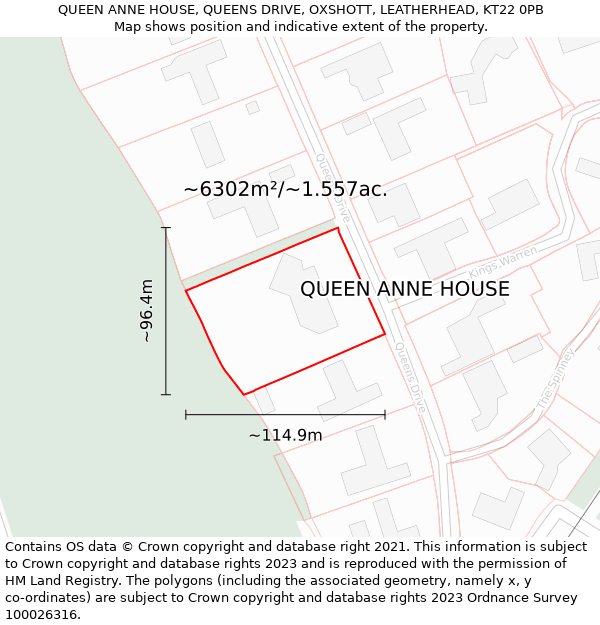 QUEEN ANNE HOUSE, QUEENS DRIVE, OXSHOTT, LEATHERHEAD, KT22 0PB: Plot and title map