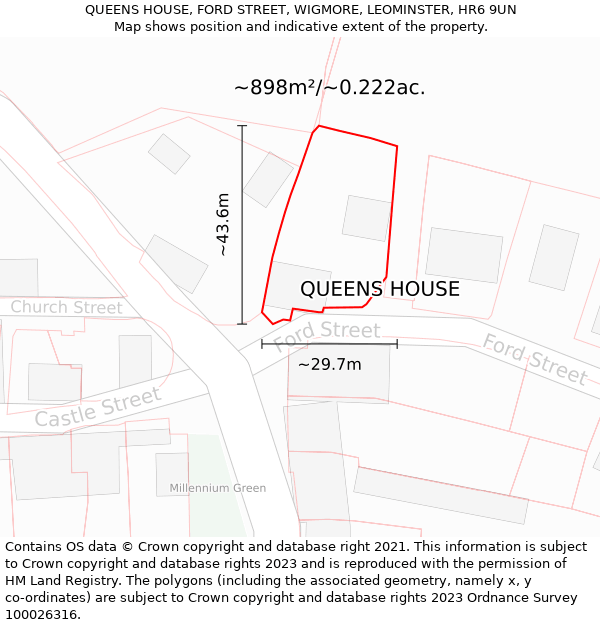QUEENS HOUSE, FORD STREET, WIGMORE, LEOMINSTER, HR6 9UN: Plot and title map