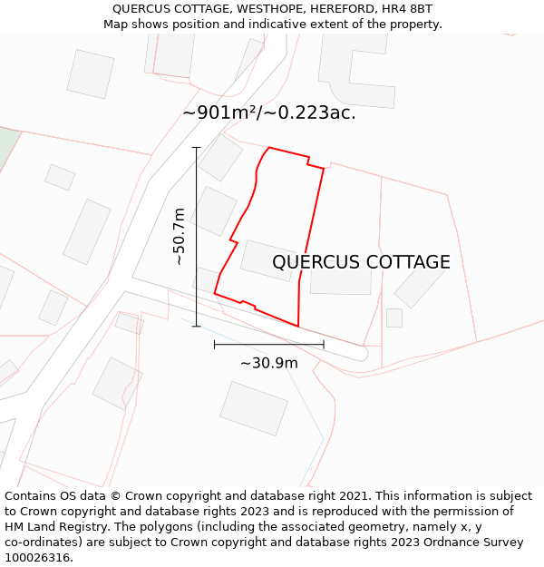 QUERCUS COTTAGE, WESTHOPE, HEREFORD, HR4 8BT: Plot and title map