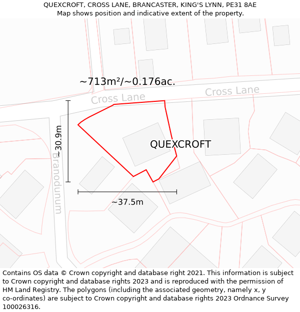 QUEXCROFT, CROSS LANE, BRANCASTER, KING'S LYNN, PE31 8AE: Plot and title map