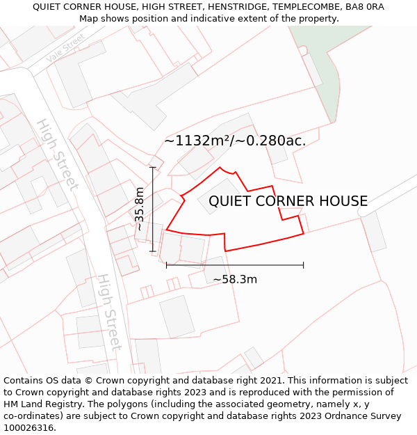 QUIET CORNER HOUSE, HIGH STREET, HENSTRIDGE, TEMPLECOMBE, BA8 0RA: Plot and title map