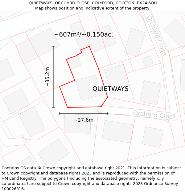 QUIETWAYS, ORCHARD CLOSE, COLYFORD, COLYTON, EX24 6QH: Plot and title map