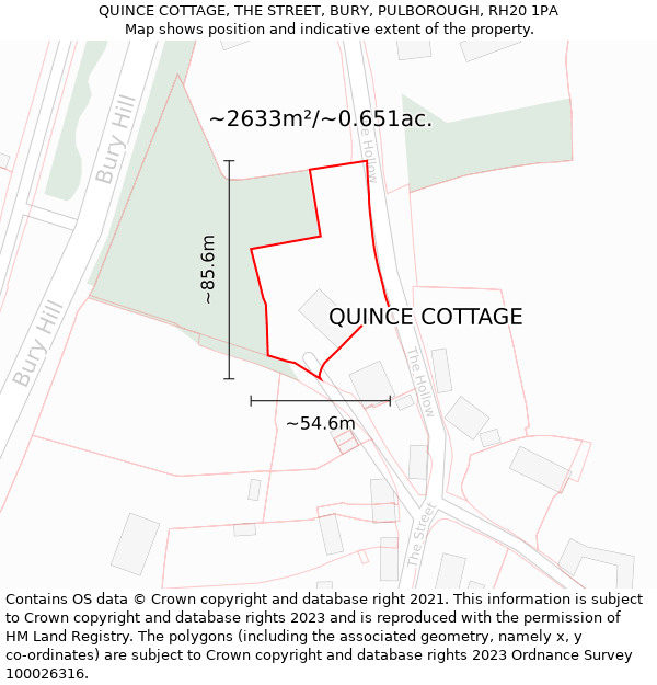 QUINCE COTTAGE, THE STREET, BURY, PULBOROUGH, RH20 1PA: Plot and title map