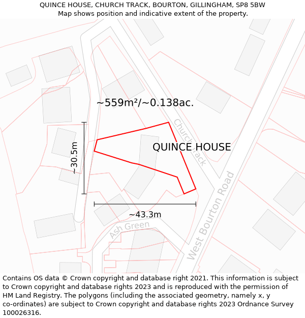 QUINCE HOUSE, CHURCH TRACK, BOURTON, GILLINGHAM, SP8 5BW: Plot and title map