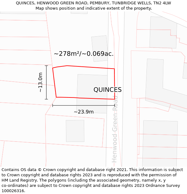 QUINCES, HENWOOD GREEN ROAD, PEMBURY, TUNBRIDGE WELLS, TN2 4LW: Plot and title map