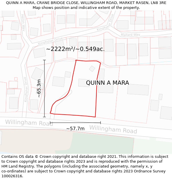 QUINN A MARA, CRANE BRIDGE CLOSE, WILLINGHAM ROAD, MARKET RASEN, LN8 3RE: Plot and title map