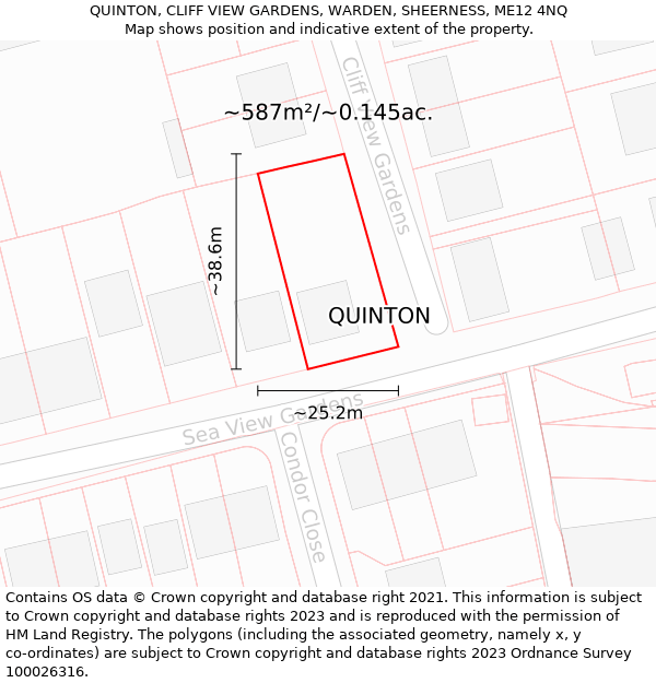 QUINTON, CLIFF VIEW GARDENS, WARDEN, SHEERNESS, ME12 4NQ: Plot and title map