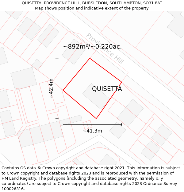 QUISETTA, PROVIDENCE HILL, BURSLEDON, SOUTHAMPTON, SO31 8AT: Plot and title map