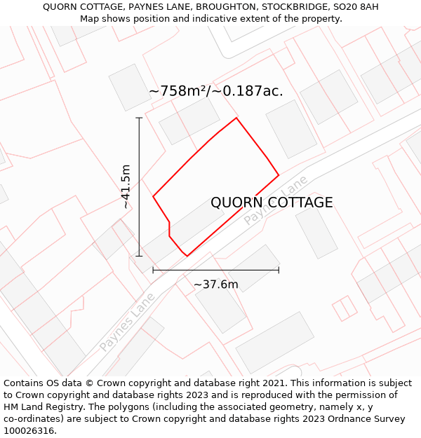 QUORN COTTAGE, PAYNES LANE, BROUGHTON, STOCKBRIDGE, SO20 8AH: Plot and title map