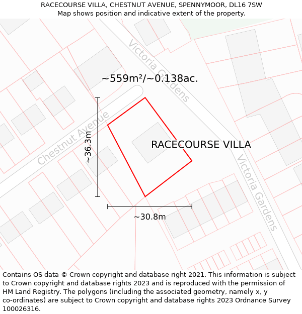 RACECOURSE VILLA, CHESTNUT AVENUE, SPENNYMOOR, DL16 7SW: Plot and title map