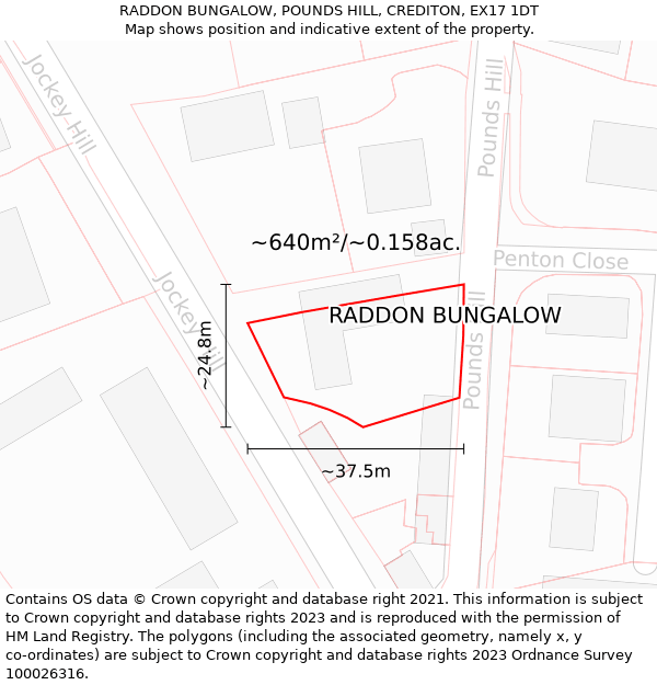 RADDON BUNGALOW, POUNDS HILL, CREDITON, EX17 1DT: Plot and title map