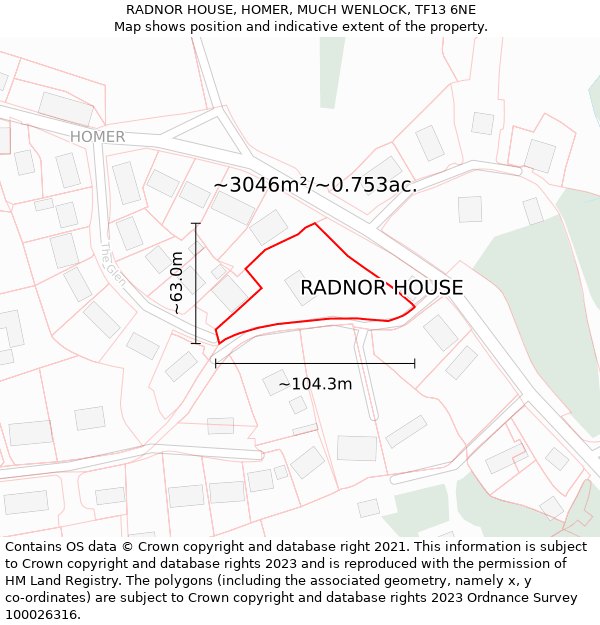 RADNOR HOUSE, HOMER, MUCH WENLOCK, TF13 6NE: Plot and title map