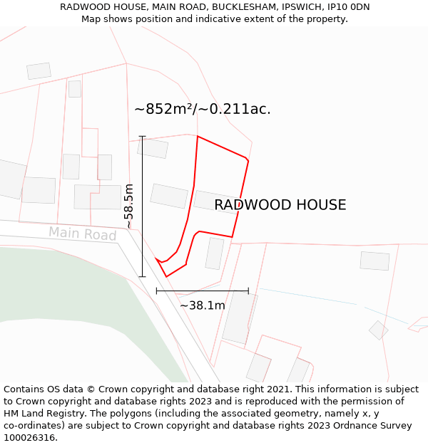RADWOOD HOUSE, MAIN ROAD, BUCKLESHAM, IPSWICH, IP10 0DN: Plot and title map