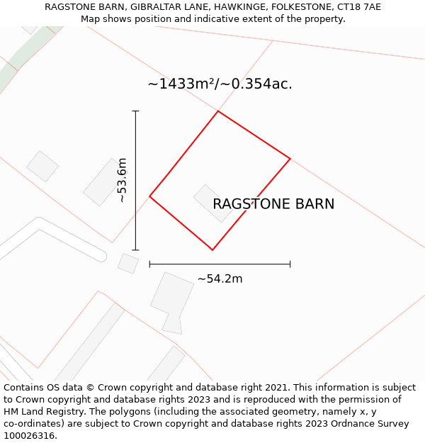 RAGSTONE BARN, GIBRALTAR LANE, HAWKINGE, FOLKESTONE, CT18 7AE: Plot and title map